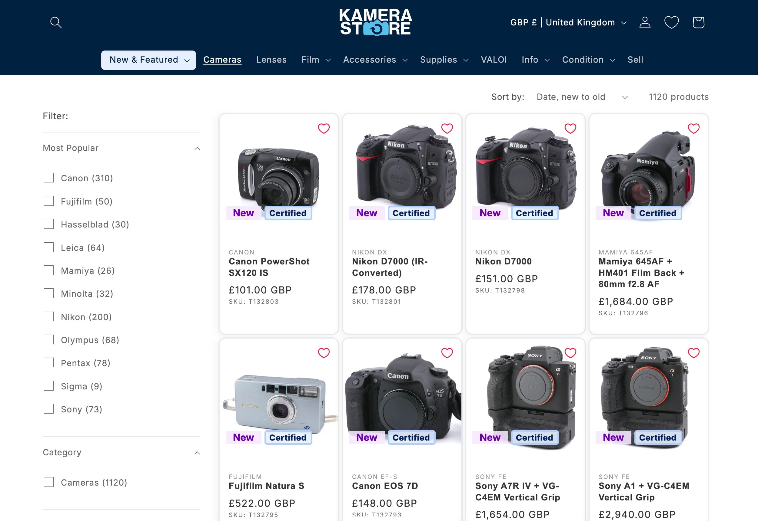 Kamerastore collection page with Flair New and Certified badges on camera products