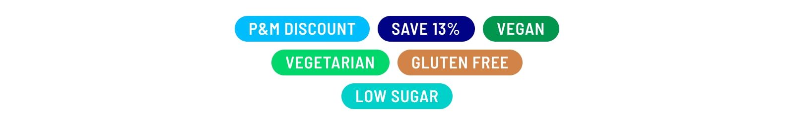 Protein Package product badges including P&M Discount, Save 13%, Vegan, Vegetarian, Gluten Free, and Low Sugar