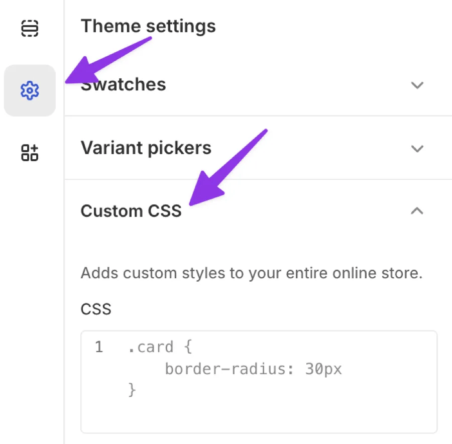 Theme settings showing Custom CSS section