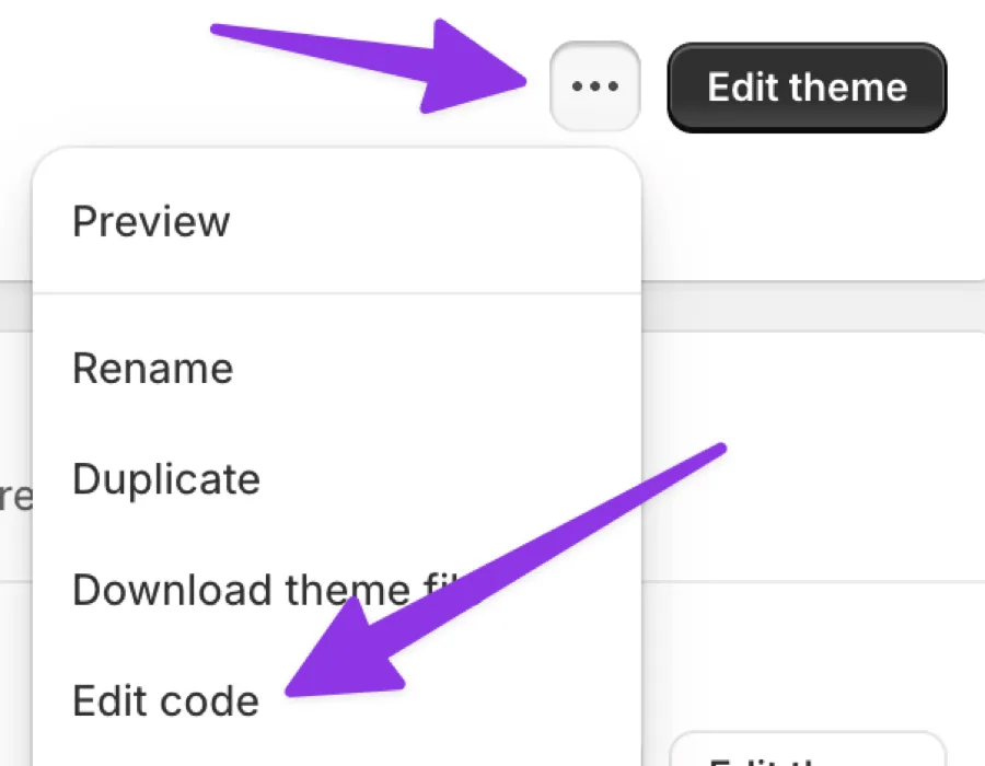 Theme menu showing Edit code option