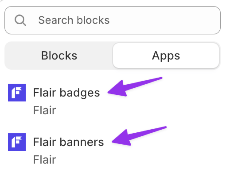 Block picker showing Flair badges and Flair banners