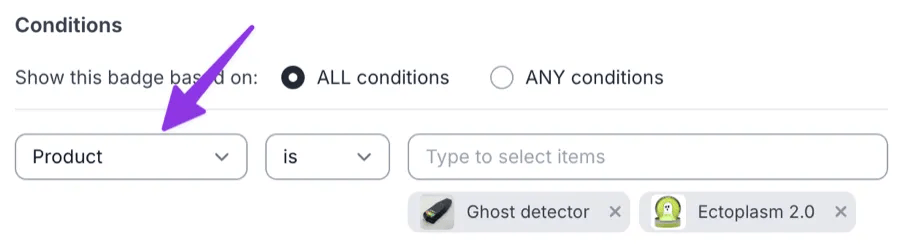 Badge conditions with Product selected and two products chosen