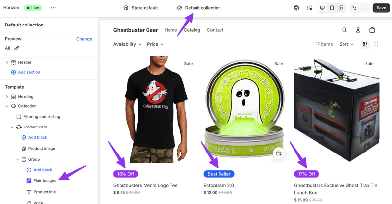 Flair badges app block on a collection page in the theme editor