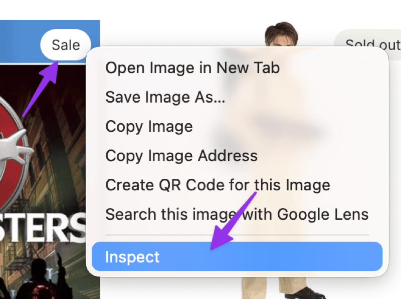 Right-clicking a Sale badge on a product card and choosing Inspect from the browser menu