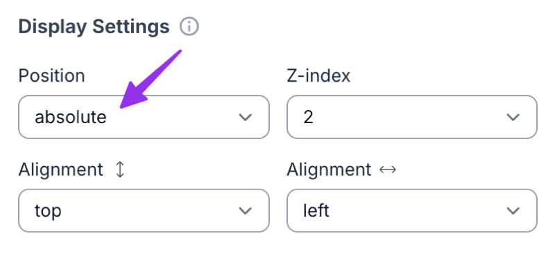 Flair layout Display Settings with Position set to absolute and Alignment set to top left