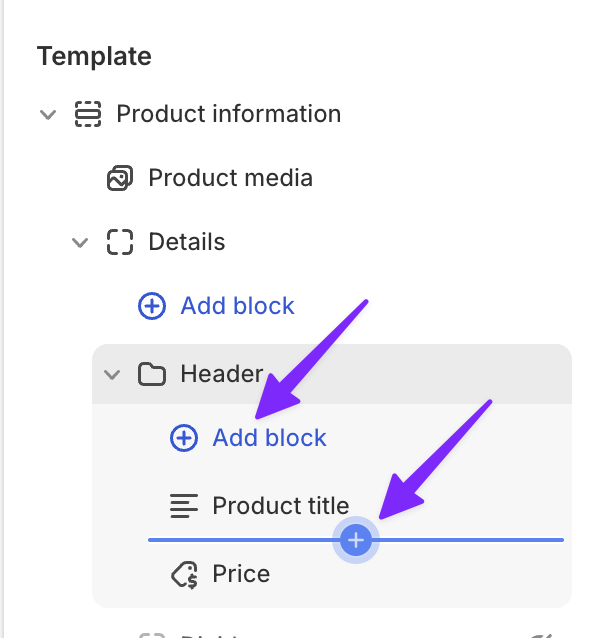 Theme editor template tree with Add block and the plus button to add a block