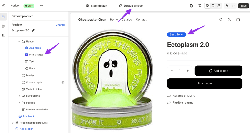 Flair badges app block on a product page in the theme editor