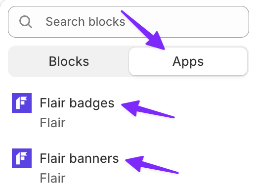 Block picker Apps tab showing Flair badges and Flair banners