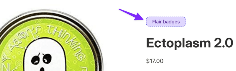 Flair badges placeholder next to a product title in the theme editor