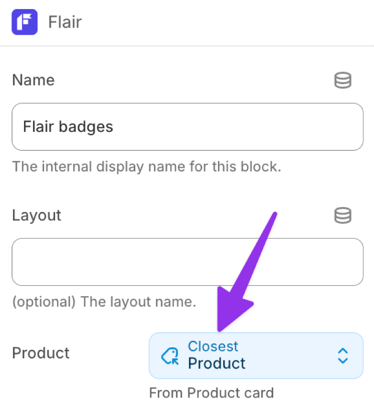 Flair app block with Product set to Closest Product