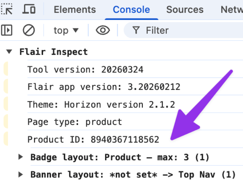 Browser console showing Flair Inspect output with page info, badge layout, and banner layout details