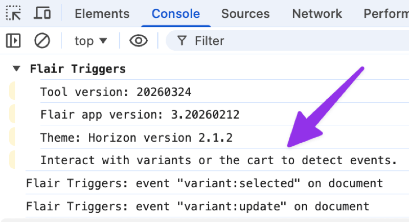 Browser console showing Flair Triggers detecting variant events