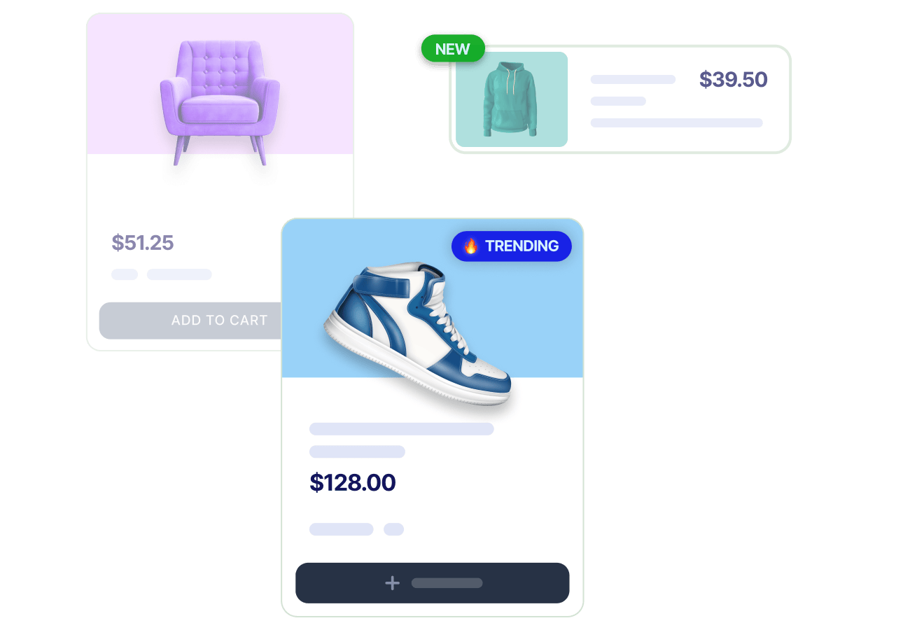 Product badges shown on storefront product cards highlighting sales, scarcity, and trending items