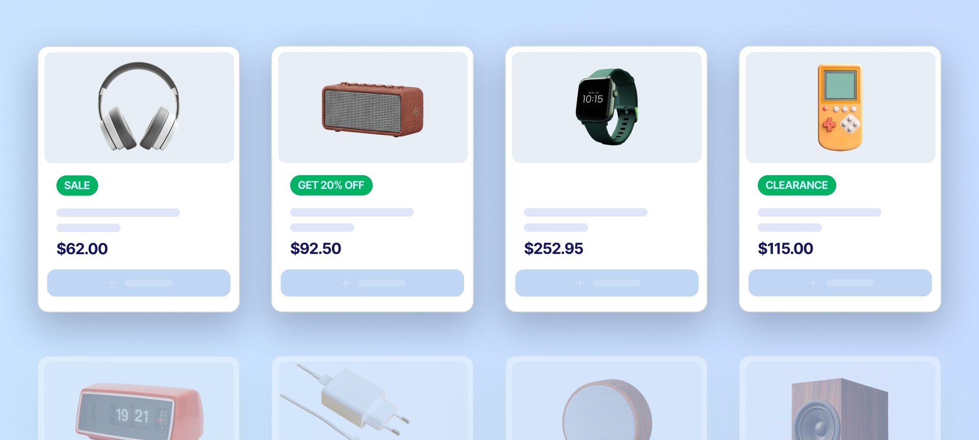 Product grid showing sale, discount, and clearance badges on product cards