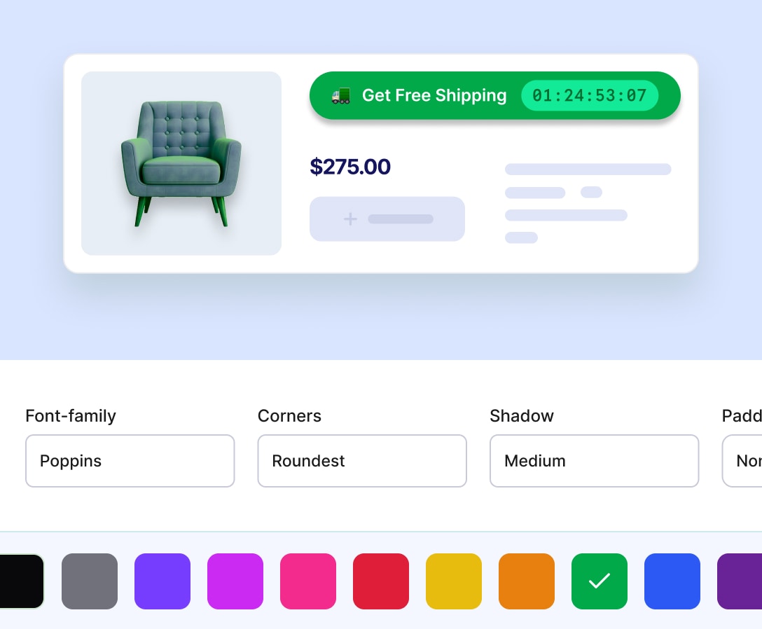Timer customization interface showing style, format, and color options