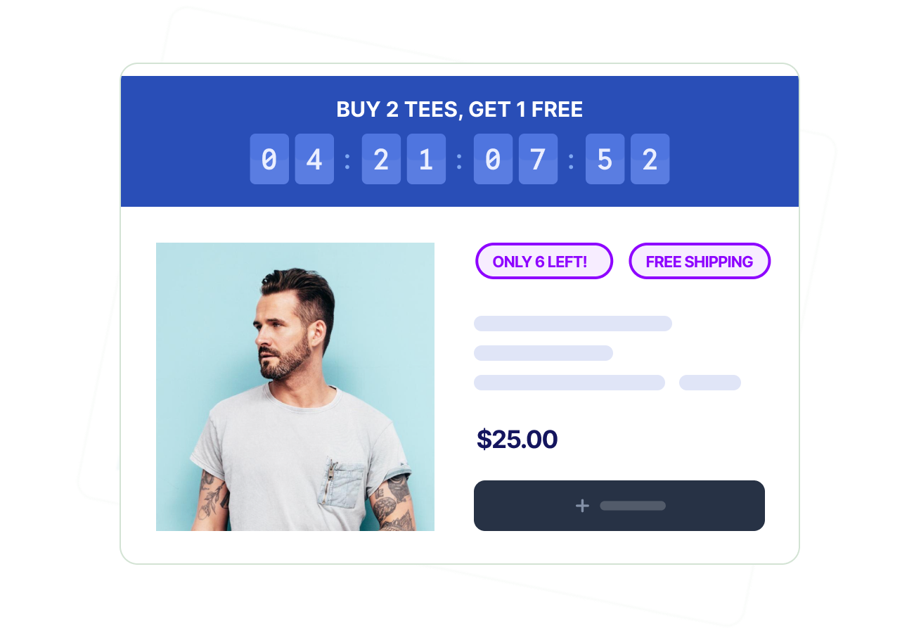 Multiple stacked promotions displayed on a Shopify product page with badges and banners