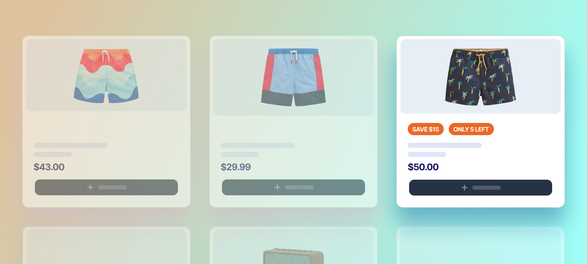 Product cards with dynamic badges showing real-time inventory counts, sale percentages, and personalized offers