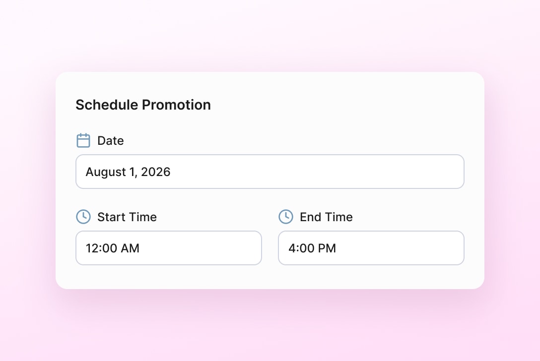 Schedule promotion panel showing date picker with start and end times for automated promotion control