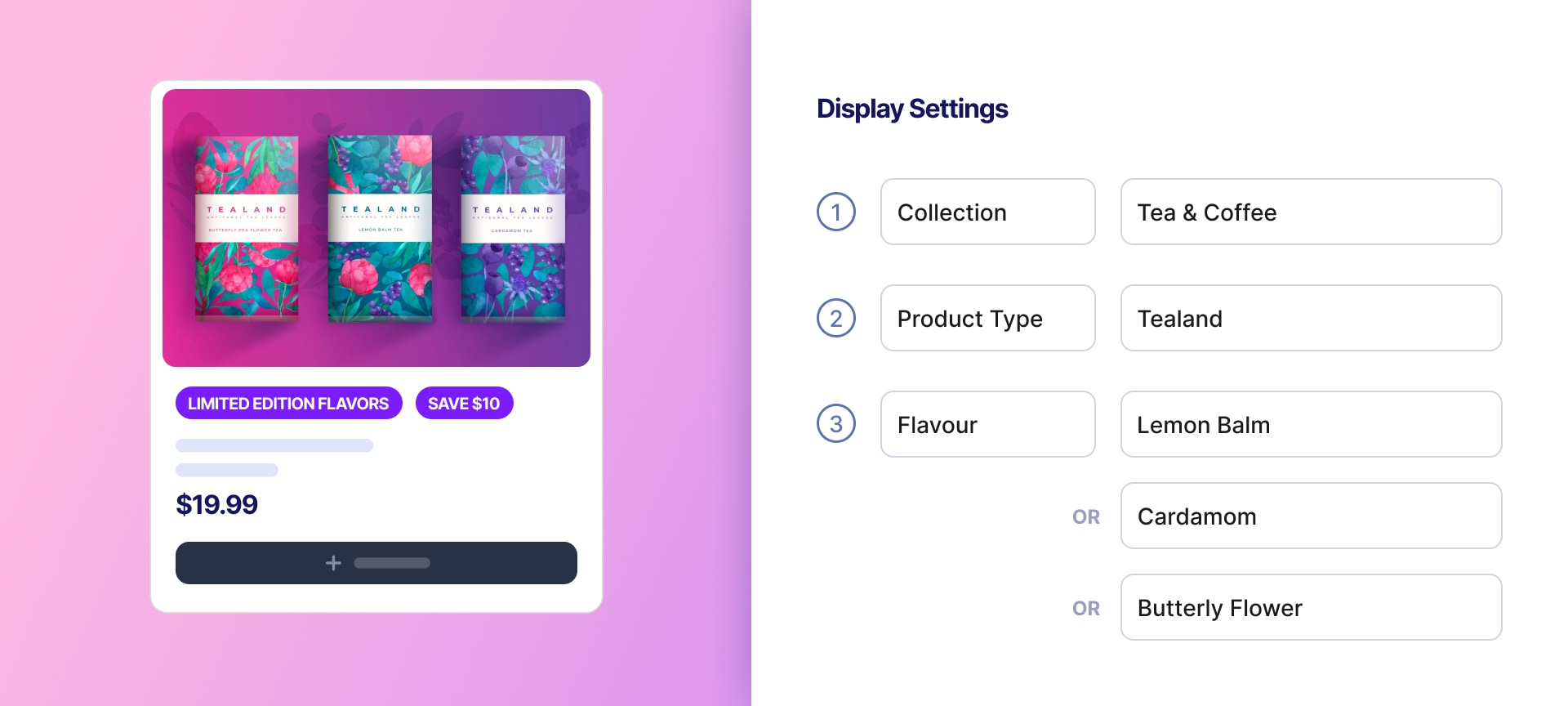 Targeting rules interface showing product, variant, and collection conditions for promotion visibility