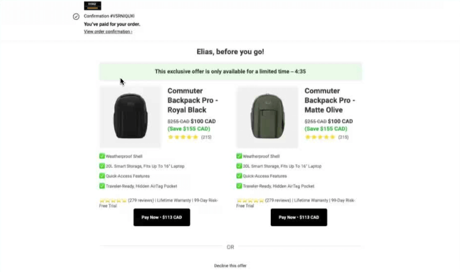 Aftersell one click upsell