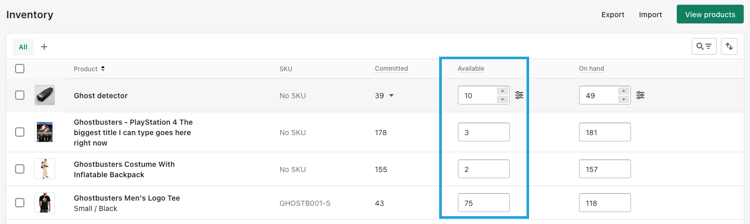 Adding quantity to products in the Shopify Admin.