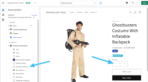 Quantity selector block in product info section.