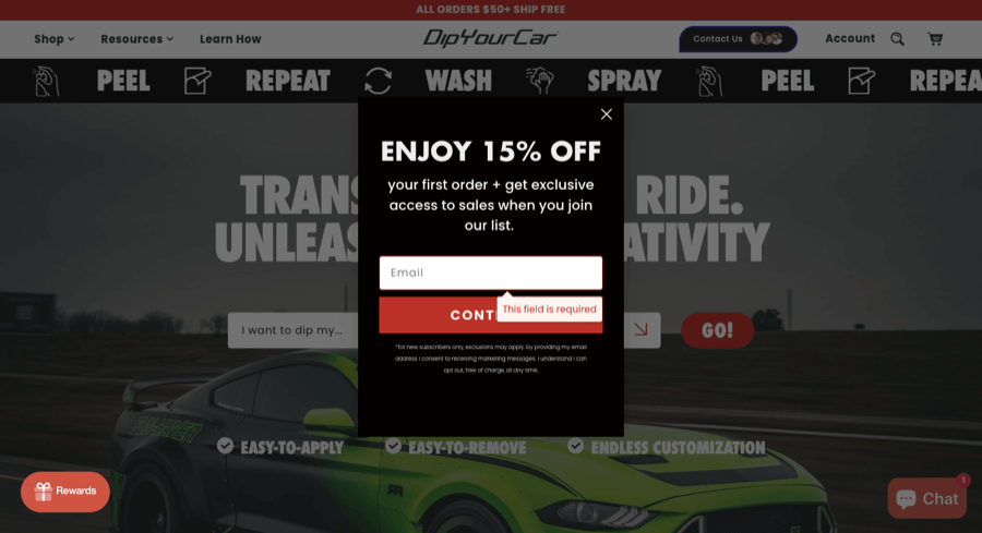 DipYourCar popup example