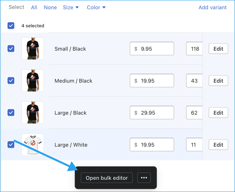 Shopify variant bulk editor.
