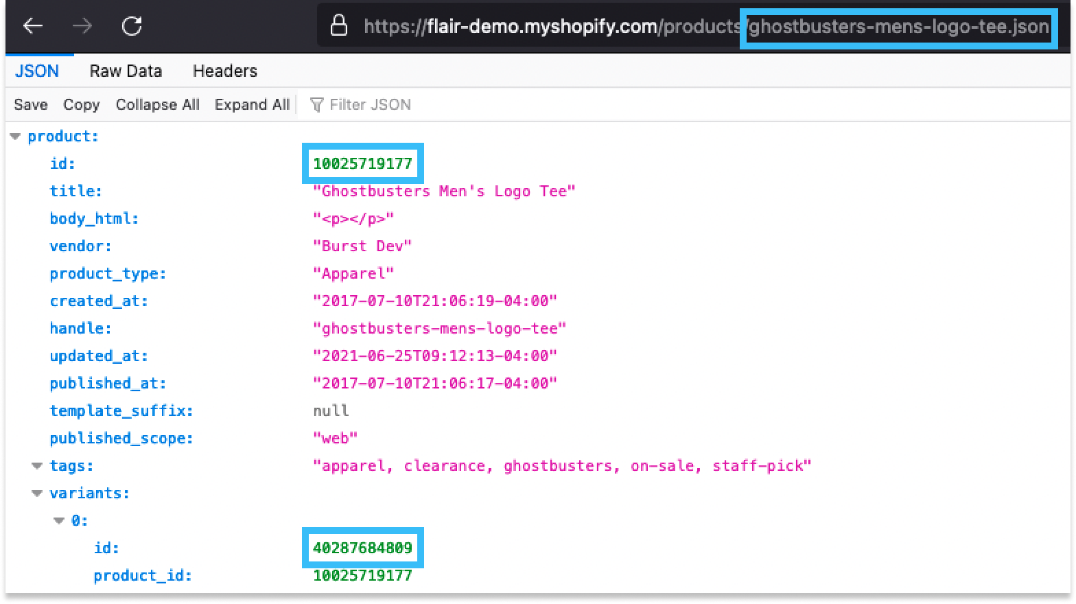 Shopify product JSON data.