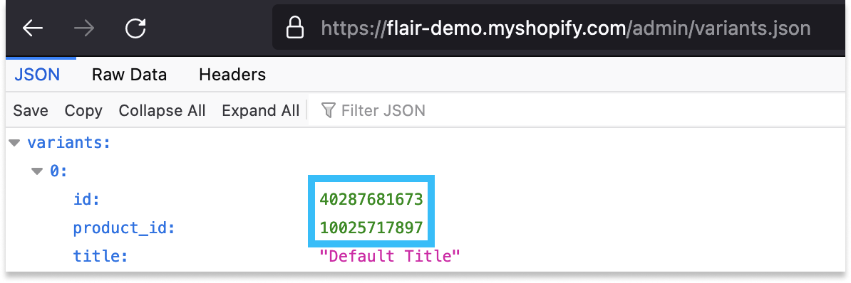 Shopify Admin variants JSON data