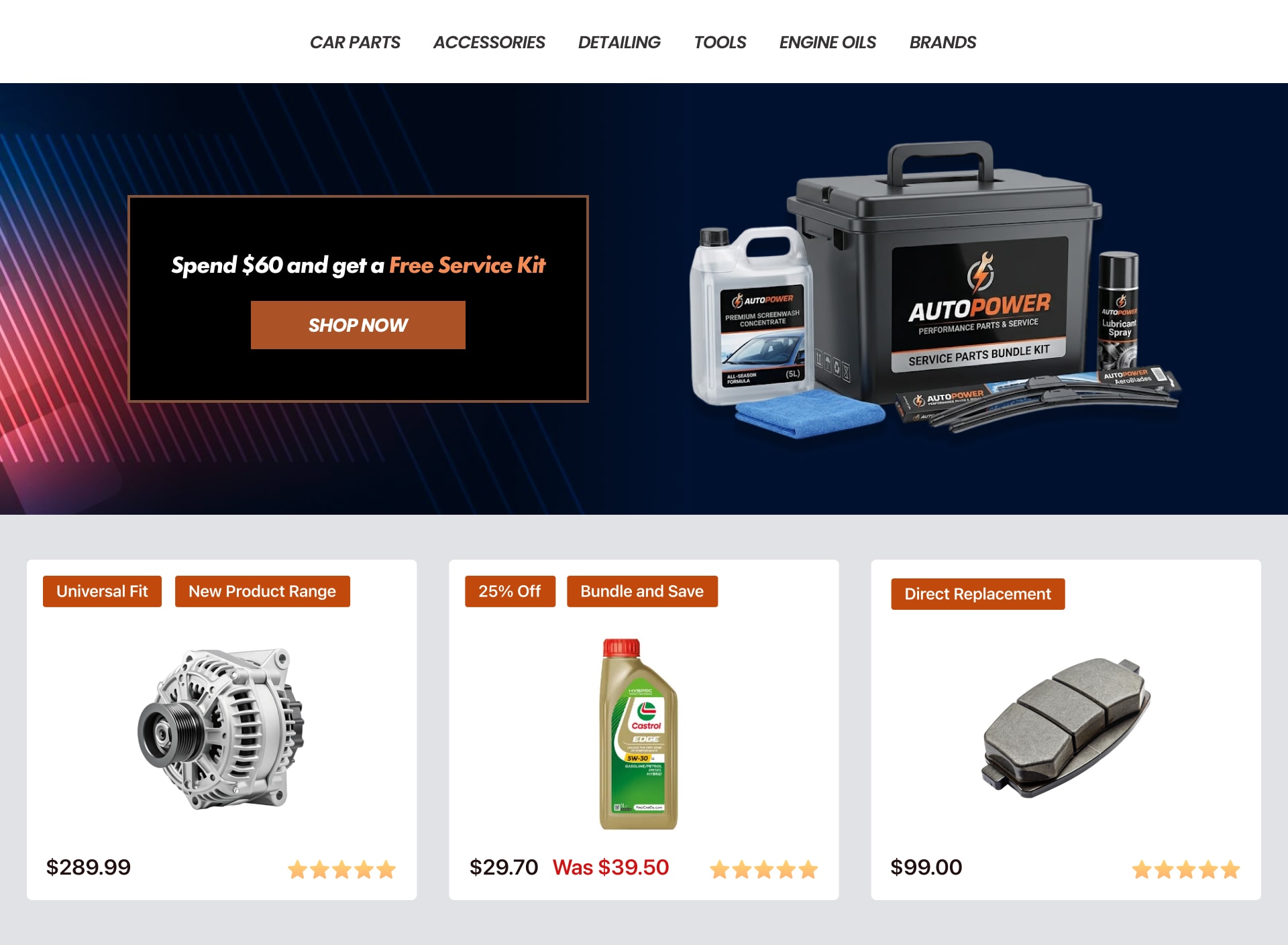 Automotive parts store with promotional badges and banners across product collections