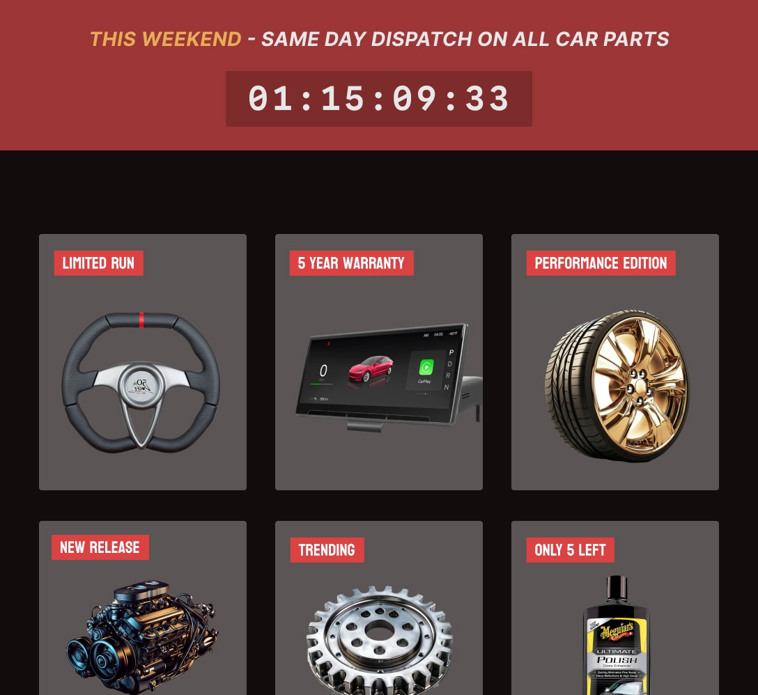 Limited-edition and performance badges on specialty automotive parts