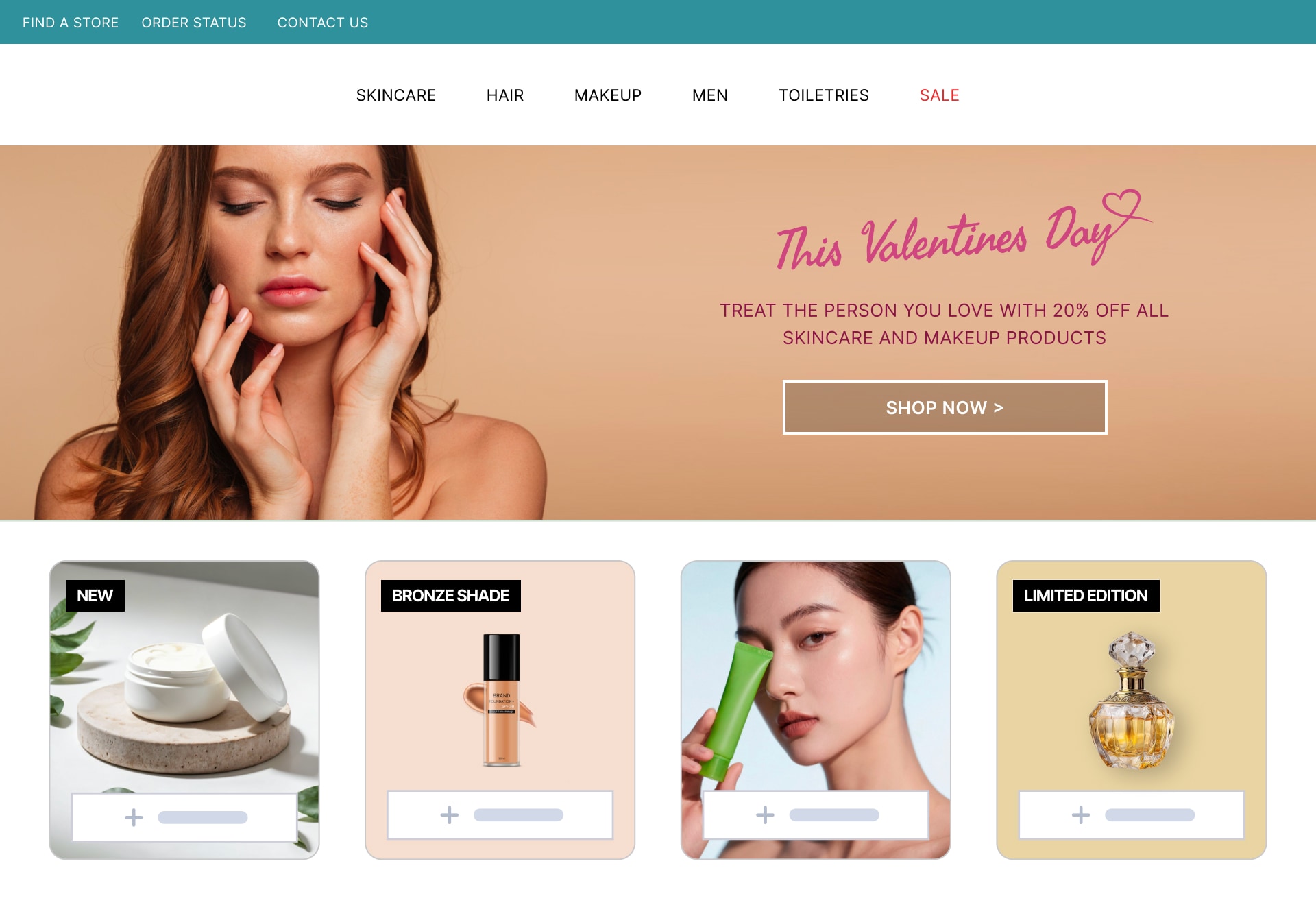 Beauty store with promotional badges and banners across product collections