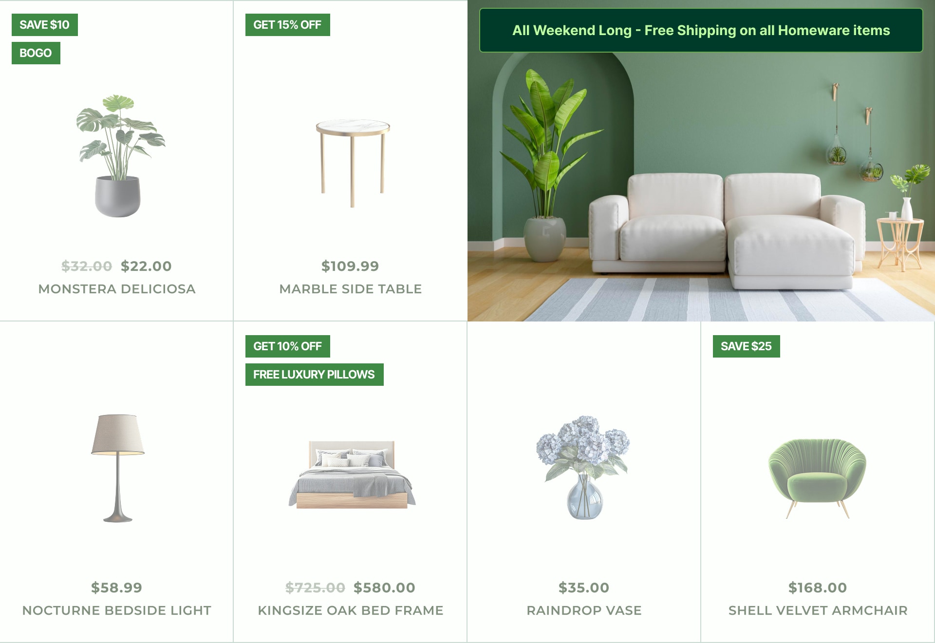 High-impact sale and discount badges on product cards