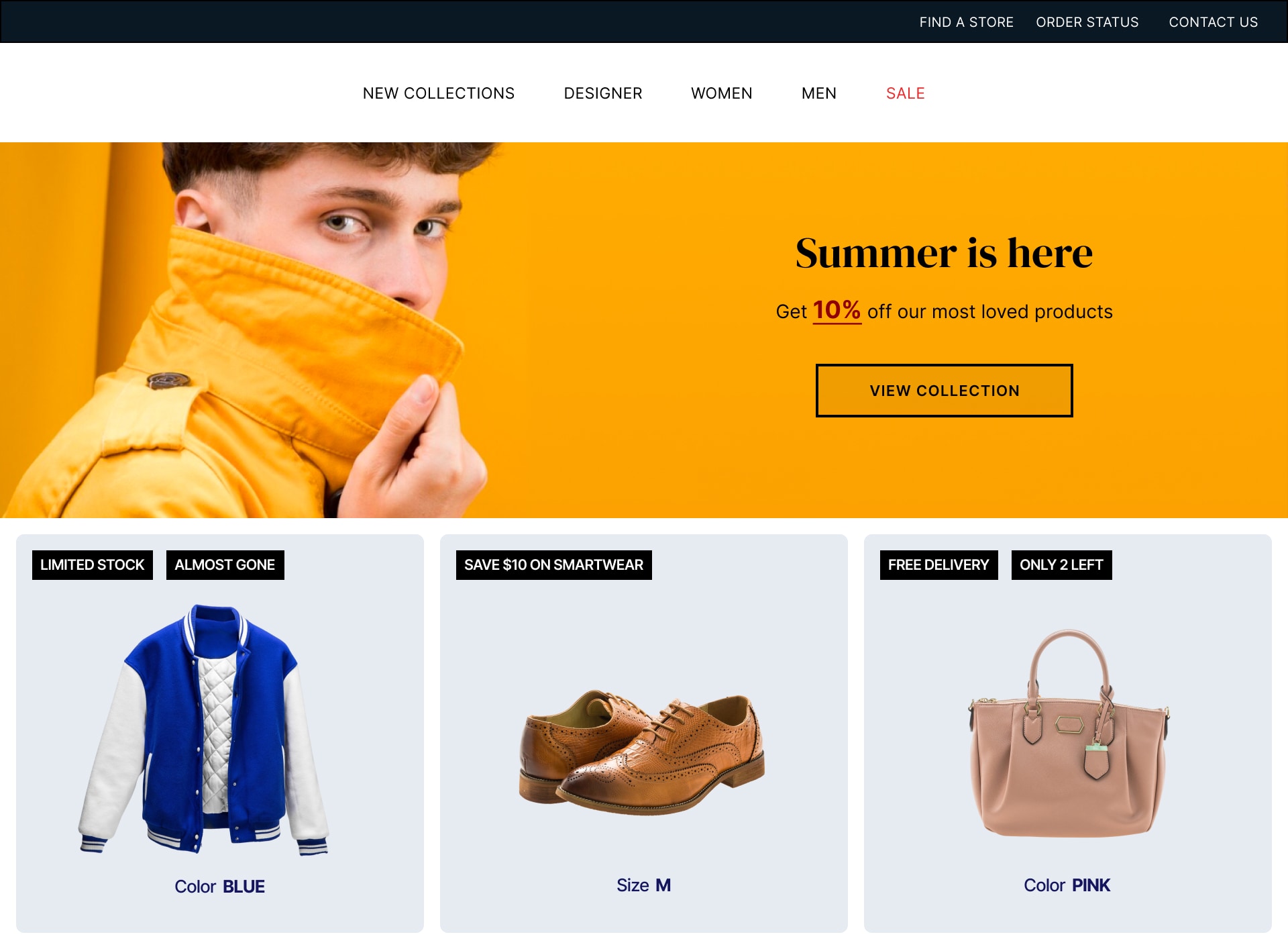 Fashion store with promotional badges and banners across product collections