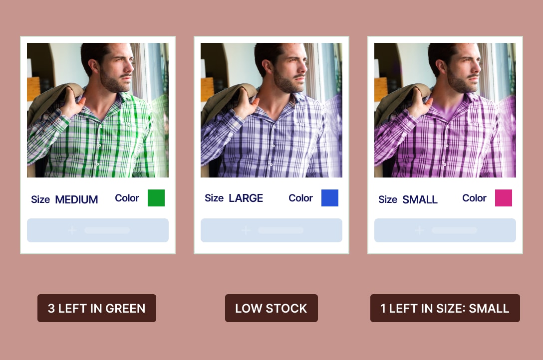 Variant-level stock and size badges on fashion products