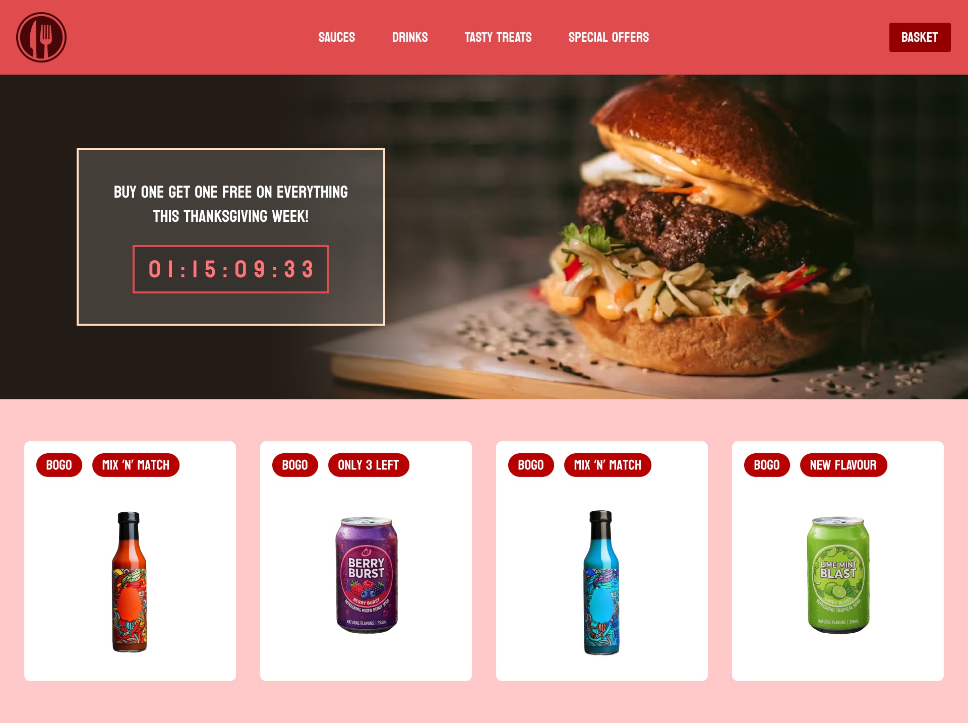 Food and beverage store with promotional badges and banners across product collections