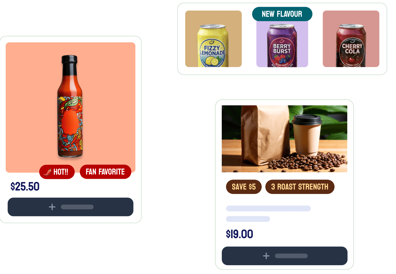 Product badges and promotional banners on a food and beverage Shopify store