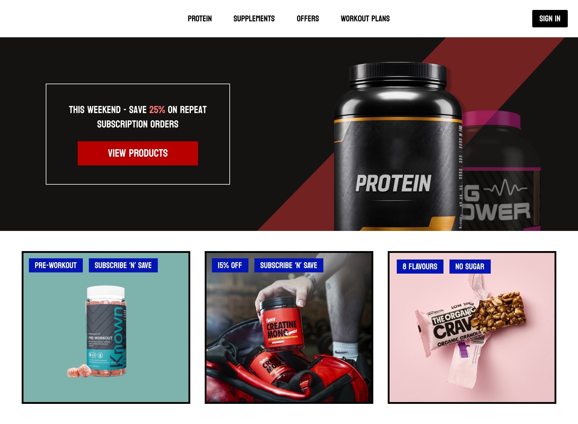 Health and fitness store with promotional badges and banners across product collections