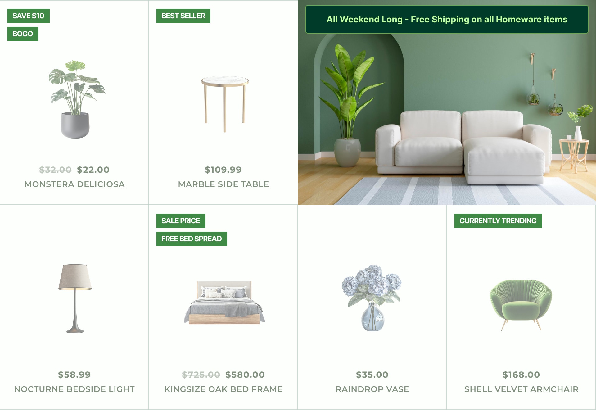 Home and furniture store with promotional badges and banners across product collections