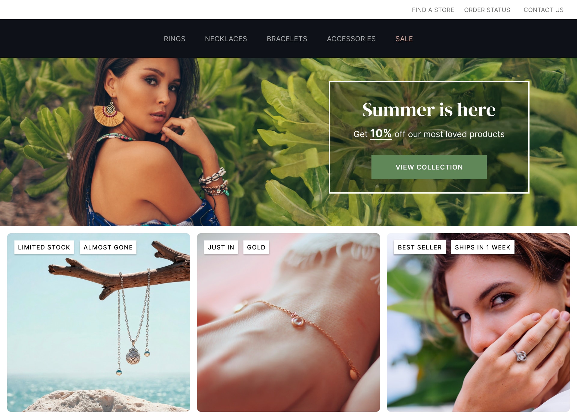 Jewelry store with promotional badges and banners across product collections