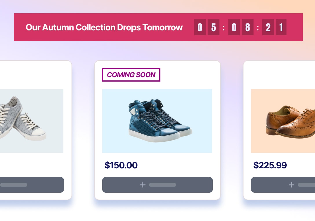 Coming Soon badges and countdown timers on upcoming product launches