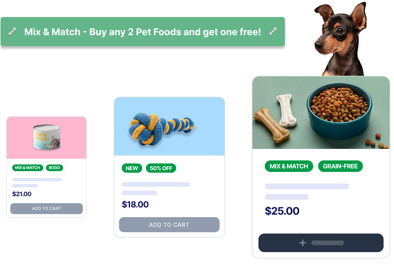 Product badges and promotional banners on a pet supply Shopify store