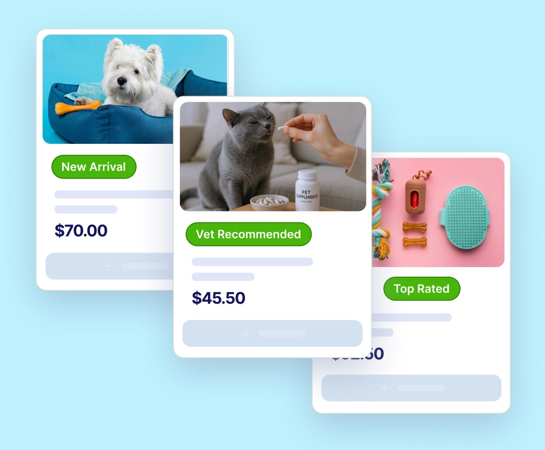 New and Just In badges on recently added pet products