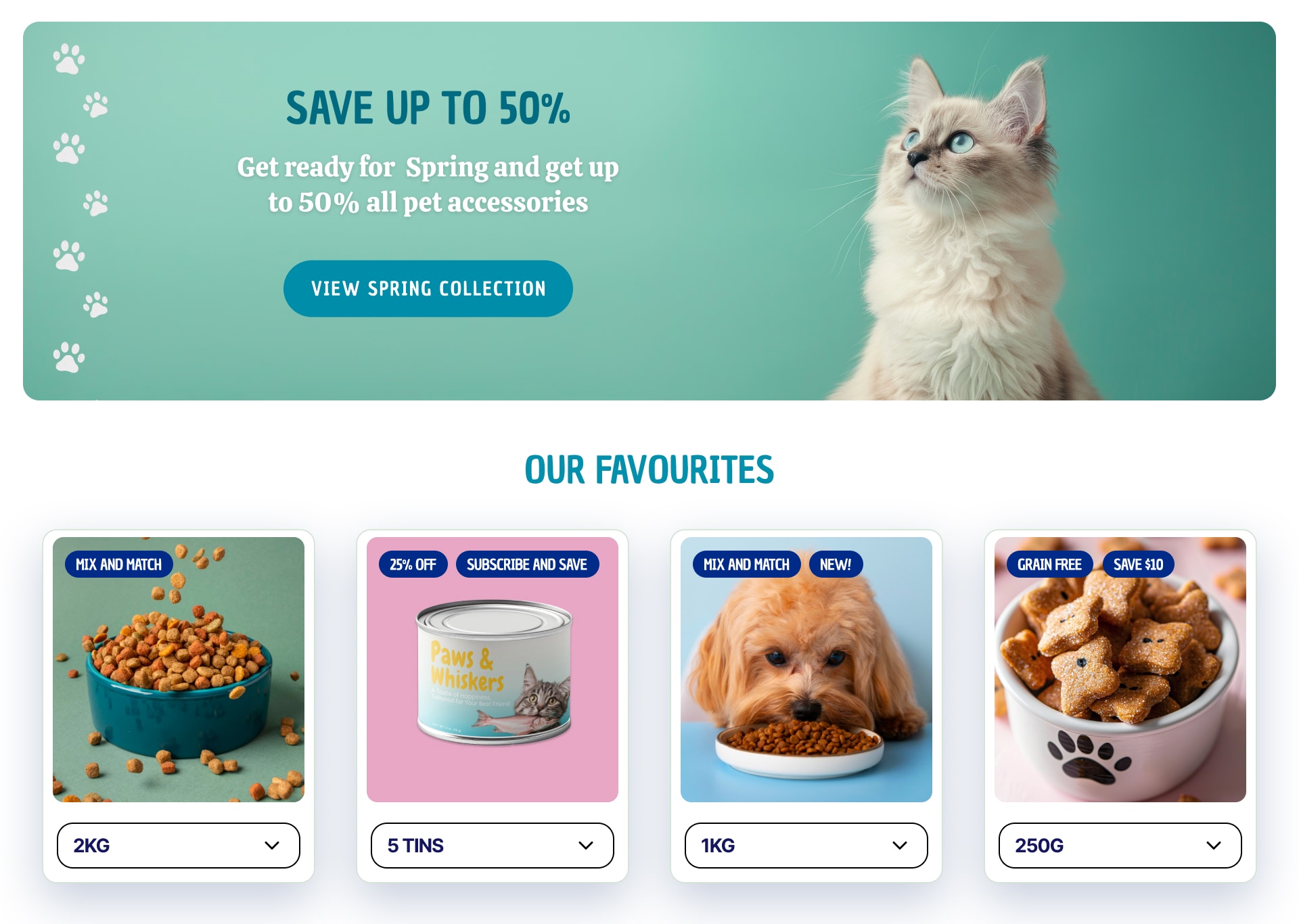 Pet supply store with promotional badges and banners across product collections