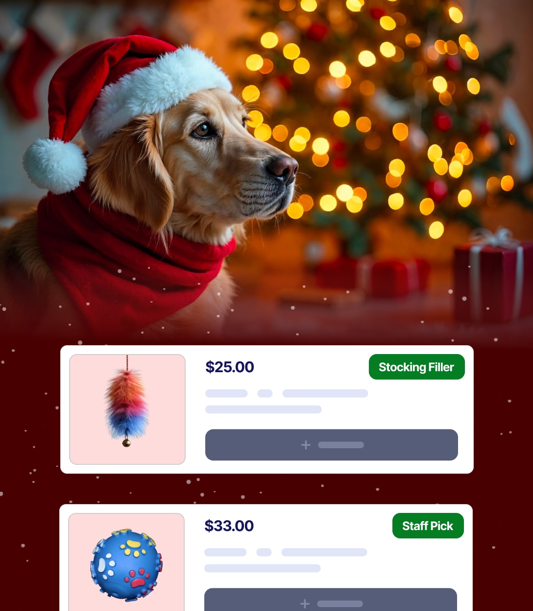 Seasonal gift guide and holiday promotion badges on pet products