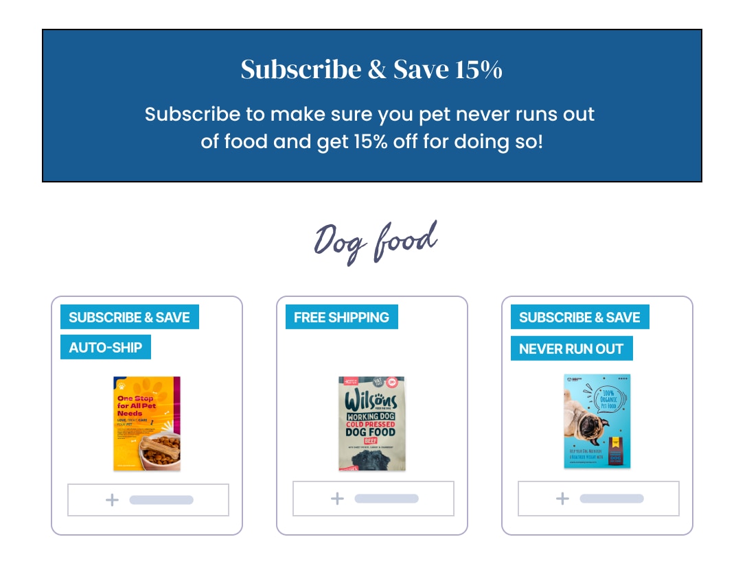 Subscribe and Save badges on pet food and supply products