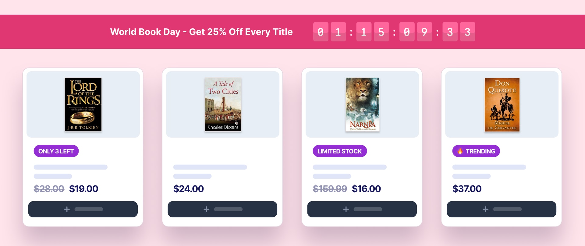 Real-time scarcity signals showing low stock badges and countdown timers on product cards