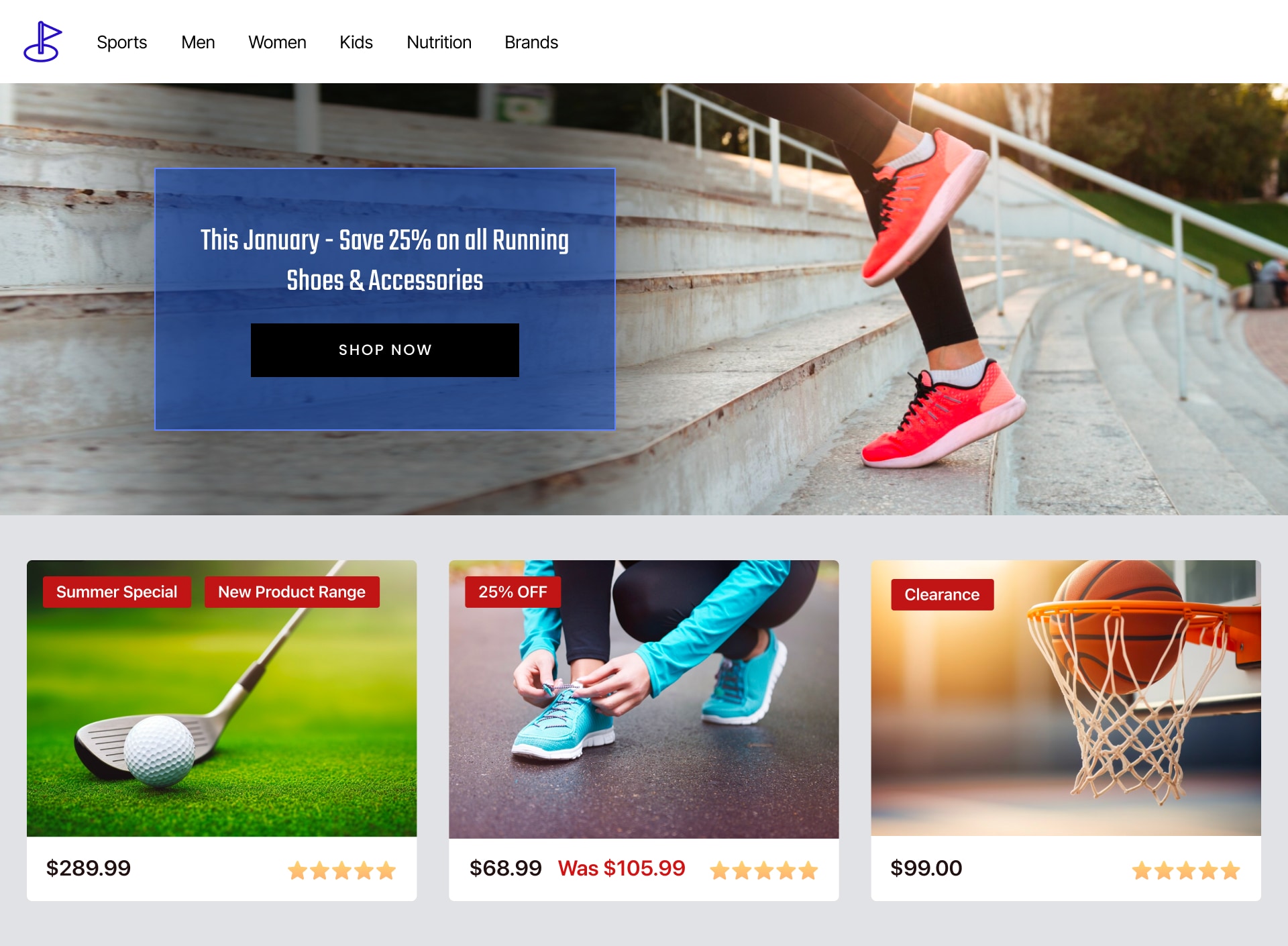 Sports and outdoor store with promotional badges and banners across product collections